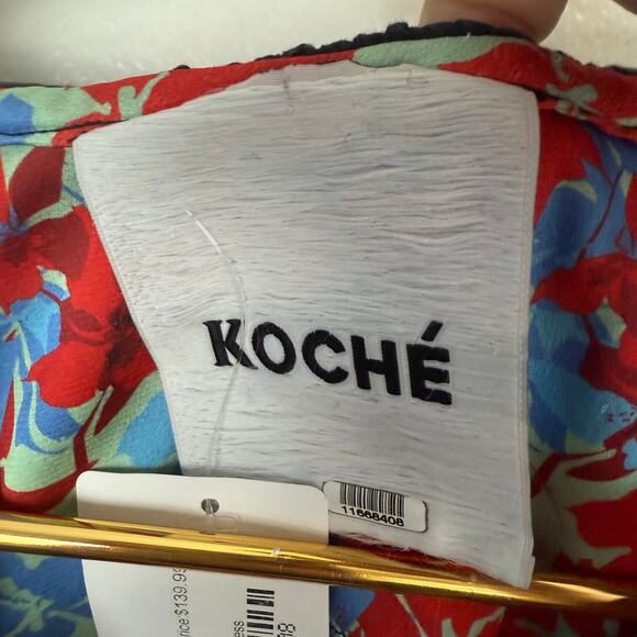 Koche Lace Trim Floral Dress Red Zip Crepe V-Neck Pockets 40 US 8 - Picture 13 of 14